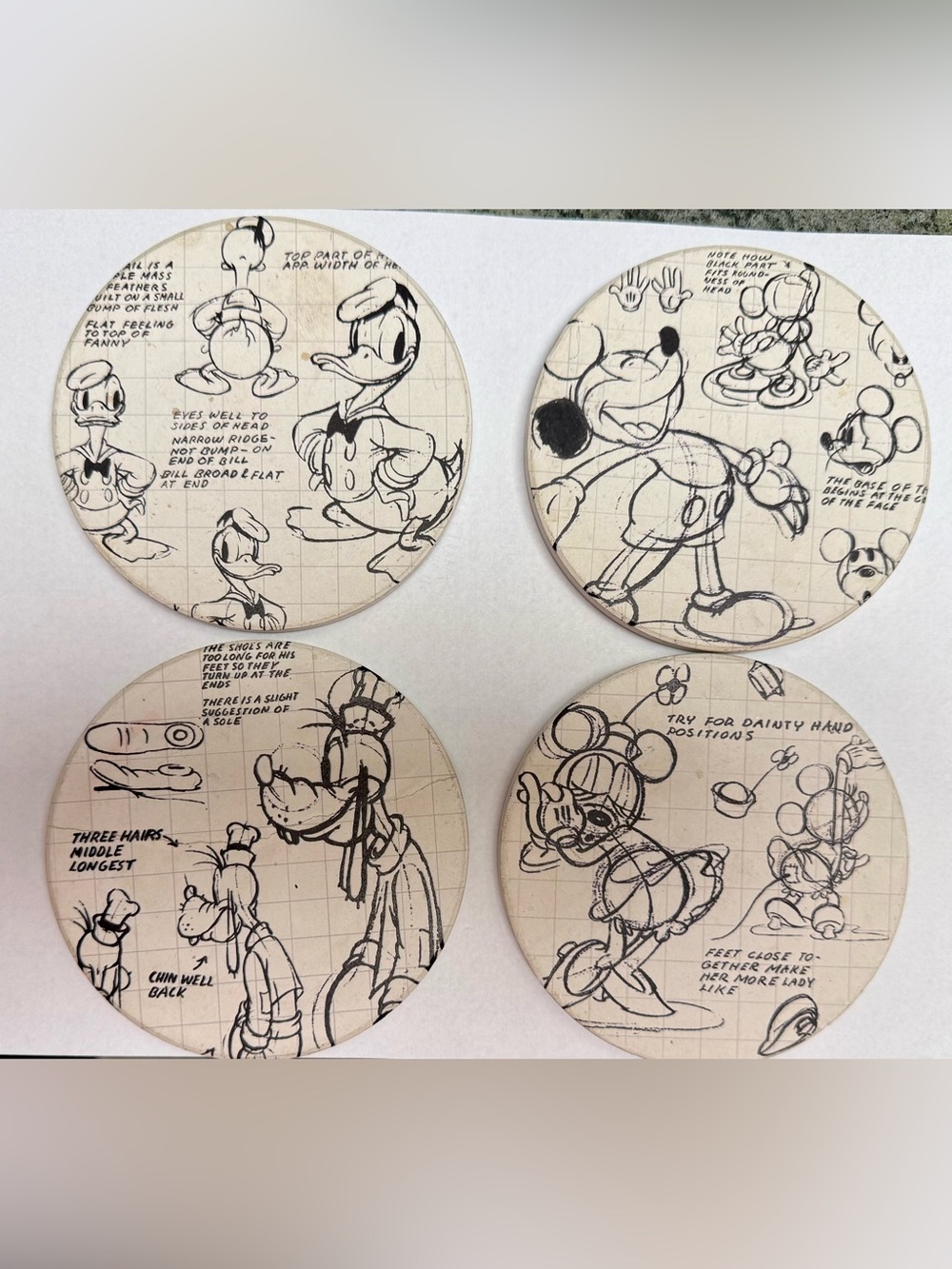 Disney Sketchbook Ceramic Coaster Set. Mickey, Minnie, Donald and Goofy.